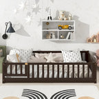 Lit jumeau au sol avec clôture et porte, 1 enfant, coloris naturel/expresso/blanc/gris