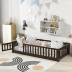 Lit jumeau au sol avec clôture et porte, 1 enfant, coloris naturel/expresso/blanc/gris