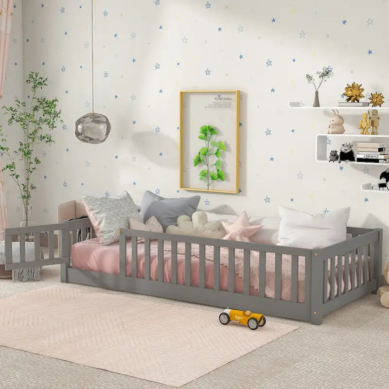 Lit jumeau au sol avec clôture et porte, 1 enfant, coloris naturel/expresso/blanc/gris