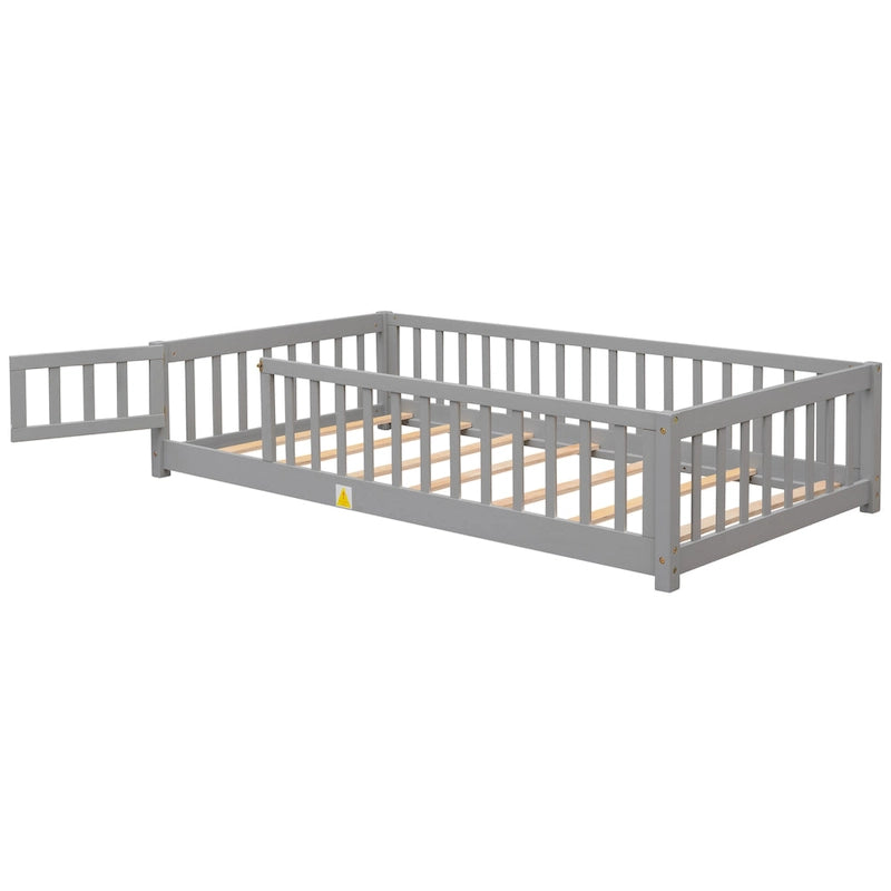 Lit jumeau au sol avec clôture et porte, 1 enfant, coloris naturel/expresso/blanc/gris