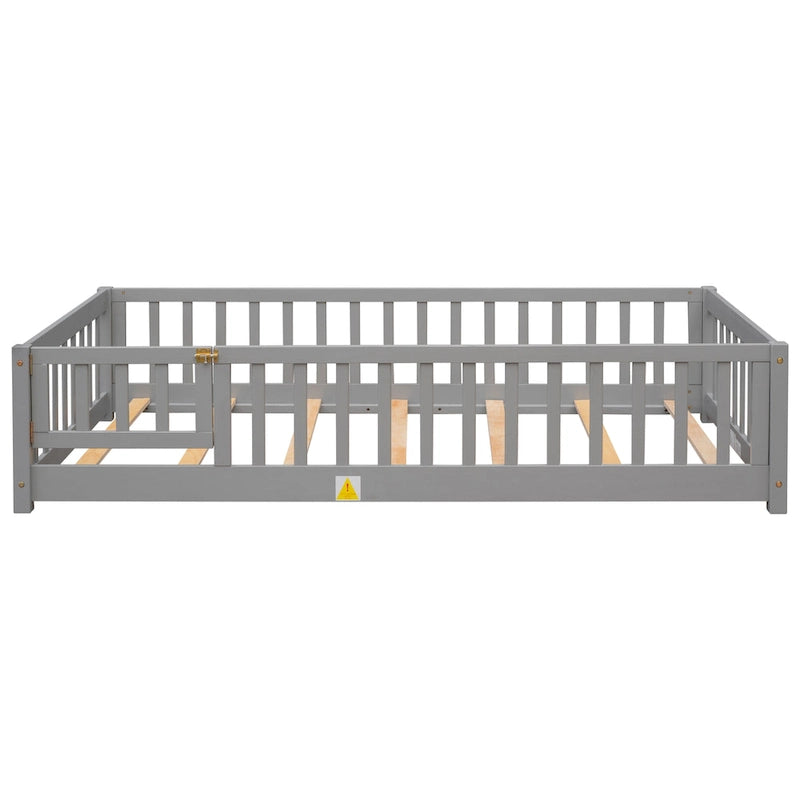 Lit jumeau au sol avec clôture et porte, 1 enfant, coloris naturel/expresso/blanc/gris