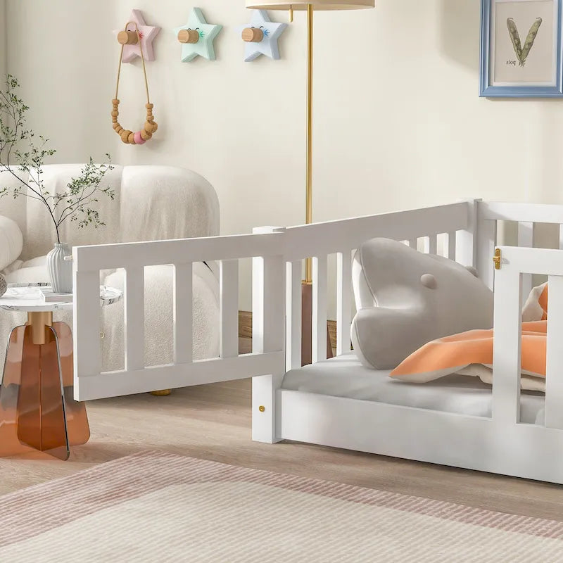 Lit jumeau au sol avec clôture et porte, 1 enfant, coloris naturel/expresso/blanc/gris