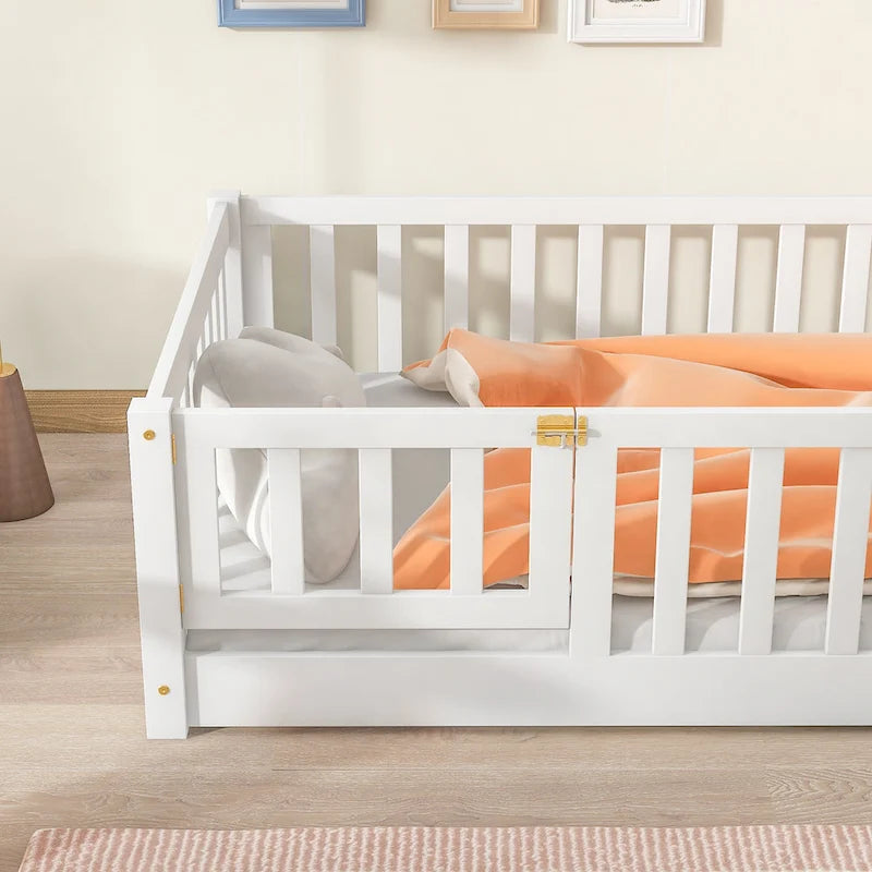 Lit jumeau au sol avec clôture et porte, 1 enfant, coloris naturel/expresso/blanc/gris