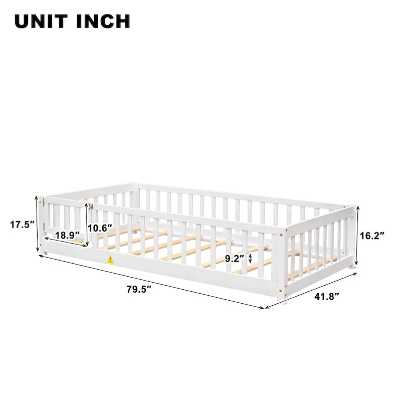 Lit jumeau au sol avec clôture et porte, 1 enfant, coloris naturel/expresso/blanc/gris
