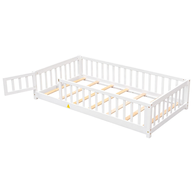Lit jumeau au sol avec clôture et porte, 1 enfant, coloris naturel/expresso/blanc/gris
