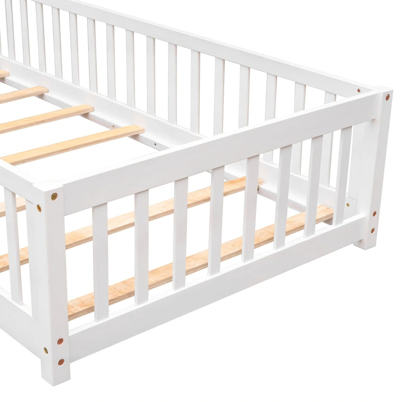 Lit jumeau au sol avec clôture et porte, 1 enfant, coloris naturel/expresso/blanc/gris