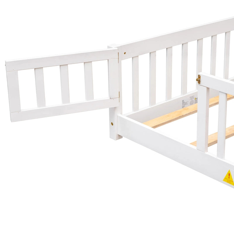 Lit jumeau au sol avec clôture et porte, 1 enfant, coloris naturel/expresso/blanc/gris