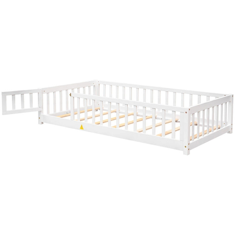 Lit jumeau au sol avec clôture et porte, 1 enfant, coloris naturel/expresso/blanc/gris