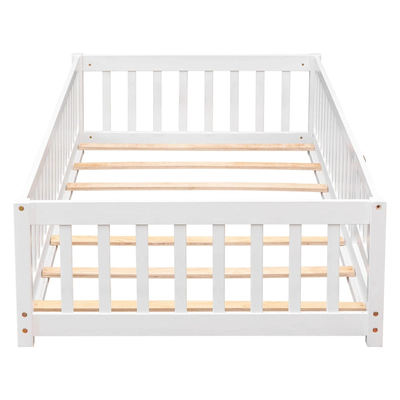 Lit jumeau au sol avec clôture et porte, 1 enfant, coloris naturel/expresso/blanc/gris