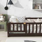 Lit jumeau au sol avec clôture et porte, 1 enfant, coloris naturel/expresso/blanc/gris