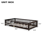 Lit jumeau au sol avec clôture et porte, 1 enfant, coloris naturel/expresso/blanc/gris