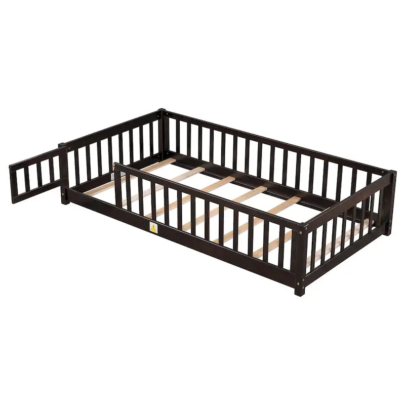 Lit jumeau au sol avec clôture et porte, 1 enfant, coloris naturel/expresso/blanc/gris