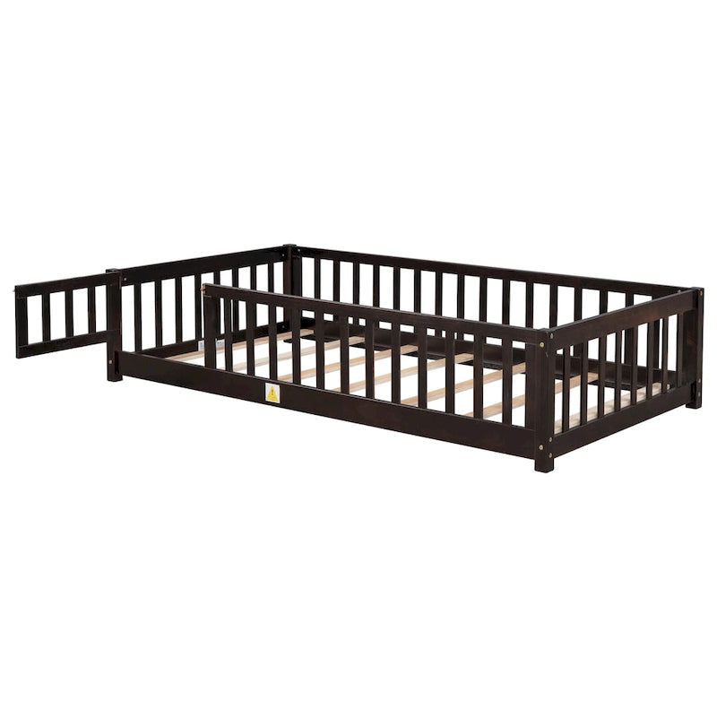 Lit jumeau au sol avec clôture et porte, 1 enfant, coloris naturel/expresso/blanc/gris