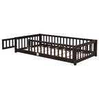 Lit jumeau au sol avec clôture et porte, 1 enfant, coloris naturel/expresso/blanc/gris