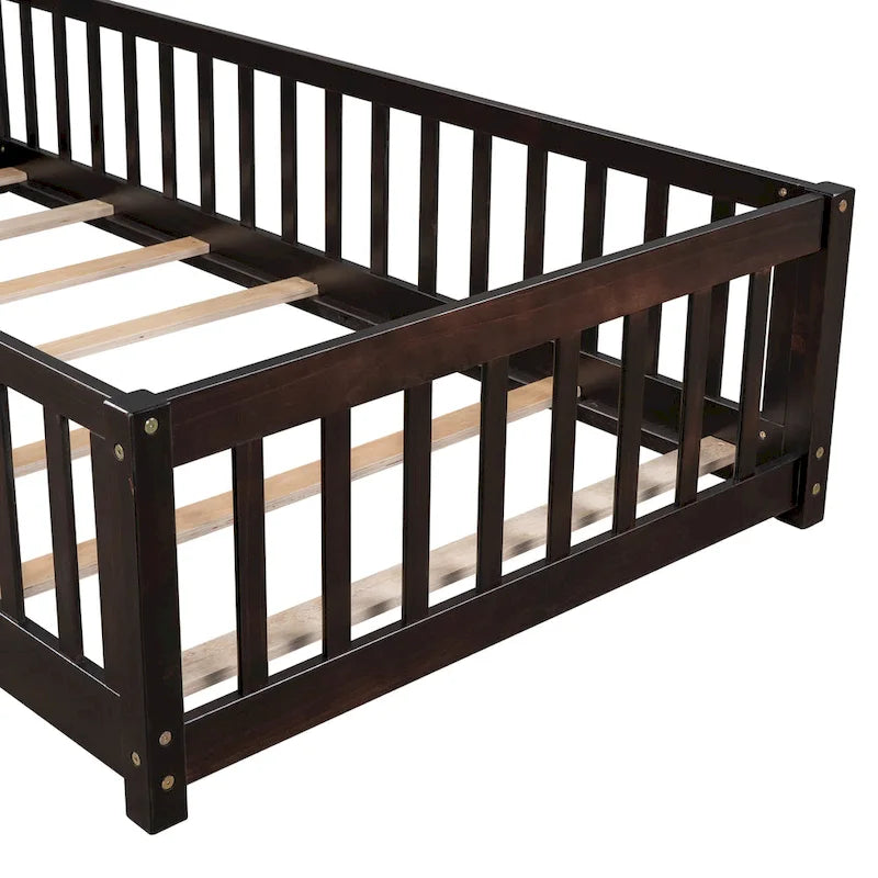 Lit jumeau au sol avec clôture et porte, 1 enfant, coloris naturel/expresso/blanc/gris