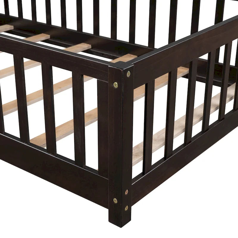 Lit jumeau au sol avec clôture et porte, 1 enfant, coloris naturel/expresso/blanc/gris