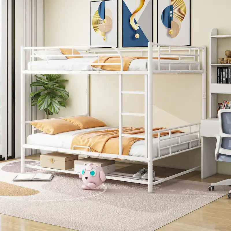 Lit superposé en métal blanc, taille double, avec étagère et barrières de sécurité, 2 couchages