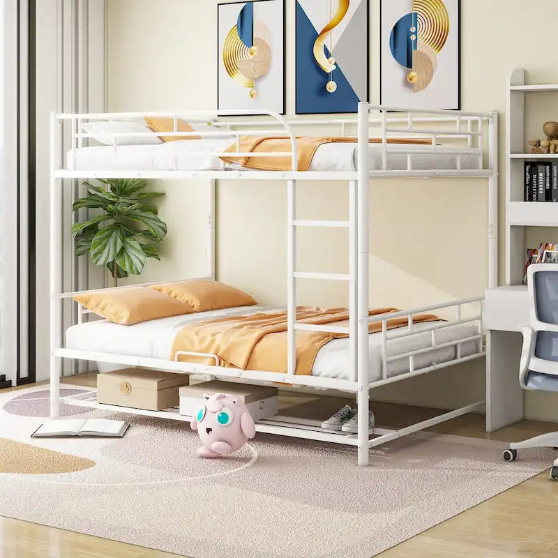 Full over Full Metal Bunk Bed with Shelf and Guardrails