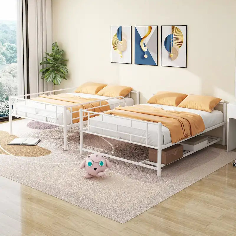 Lit superposé en métal blanc, taille double, avec étagère et barrières de sécurité, 2 couchages
