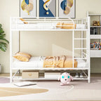 Lit superposé en métal blanc, taille double, avec étagère et barrières de sécurité, 2 couchages