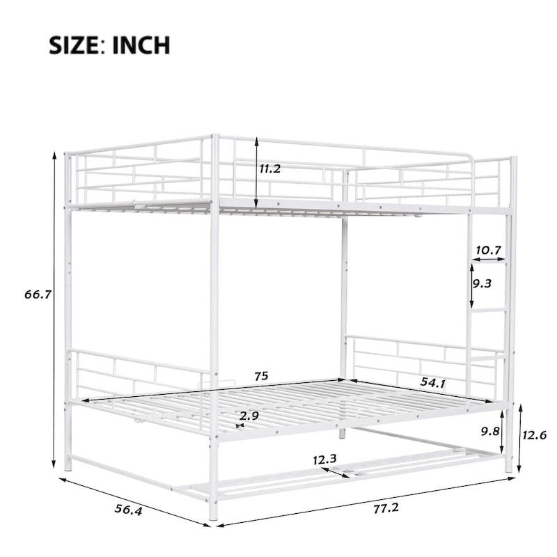 Lit superposé en métal blanc, taille double, avec étagère et barrières de sécurité, 2 couchages