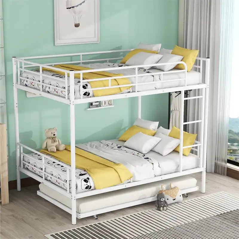 Lit superposé en métal une place et demie argent/noir/blanc avec lit gigogne, pour 2 à 3 personnes