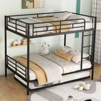 Lit superposé en métal une place et demie argent/noir/blanc avec lit gigogne, pour 2 à 3 personnes