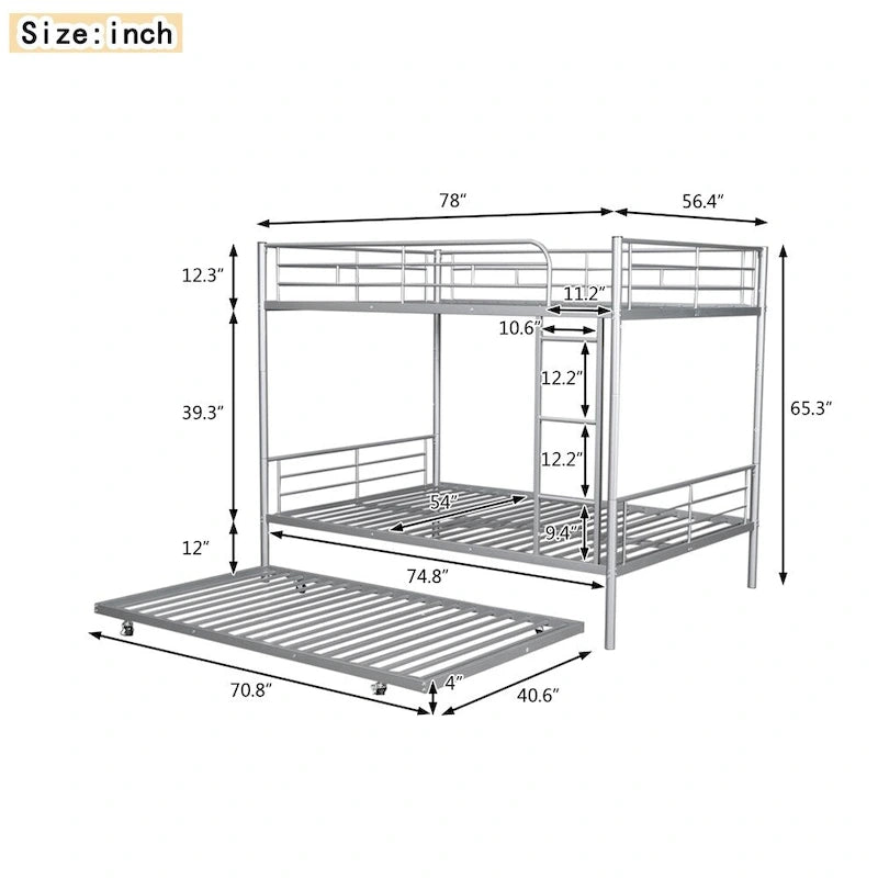 Lit superposé en métal une place et demie argent/noir/blanc avec lit gigogne, pour 2 à 3 personnes