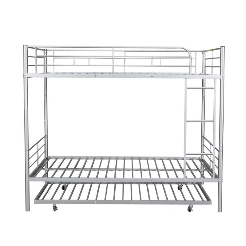 Lit superposé en métal une place et demie argent/noir/blanc avec lit gigogne, pour 2 à 3 personnes