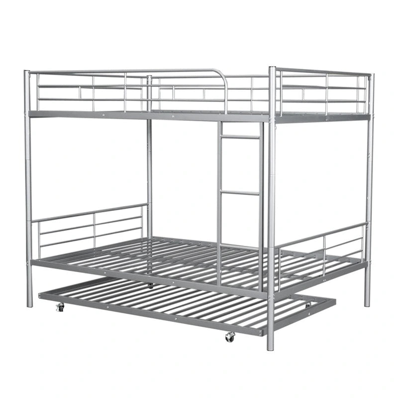 Lit superposé en métal une place et demie argent/noir/blanc avec lit gigogne, pour 2 à 3 personnes