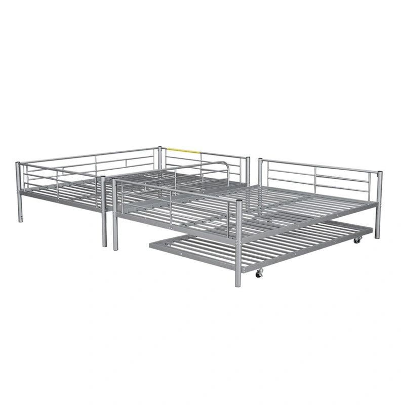 Lit superposé en métal une place et demie argent/noir/blanc avec lit gigogne, pour 2 à 3 personnes
