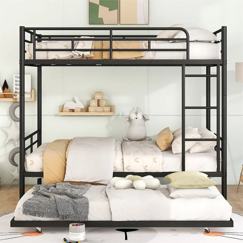 Lit superposé en métal une place et demie argent/noir/blanc avec lit gigogne, pour 2 à 3 personnes