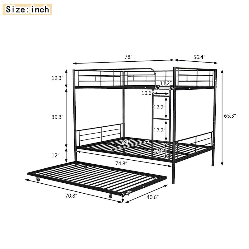 Lit superposé en métal une place et demie argent/noir/blanc avec lit gigogne, pour 2 à 3 personnes
