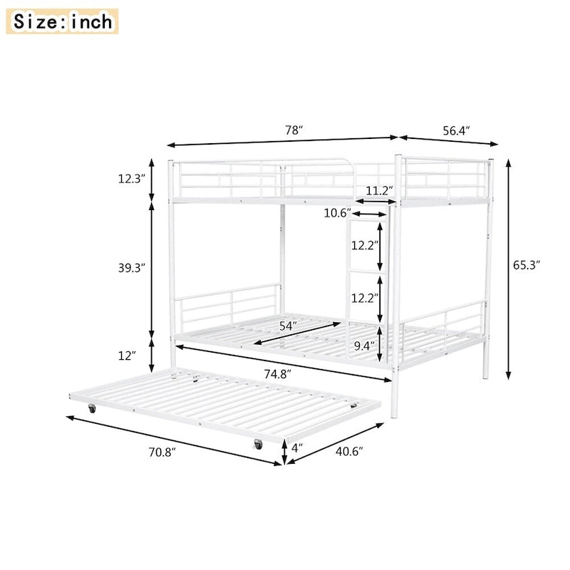 Lit superposé en métal une place et demie argent/noir/blanc avec lit gigogne, pour 2 à 3 personnes
