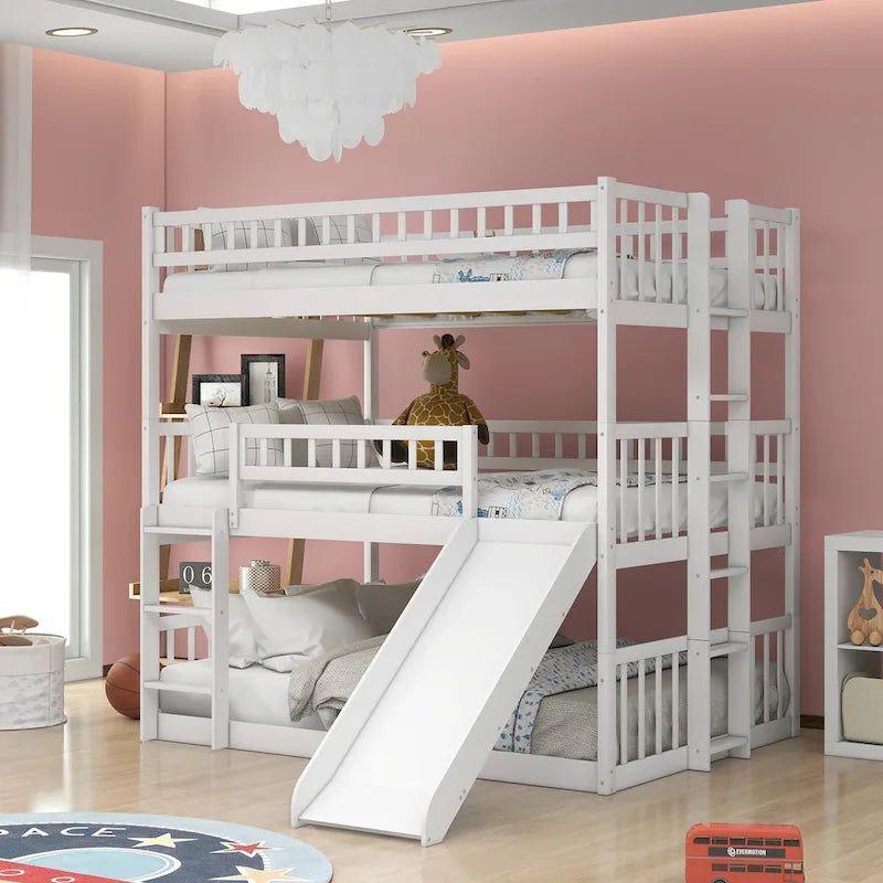 Full-over-Full-over-Full Triple Bunk Bed with Built-In Ladder and Slide
