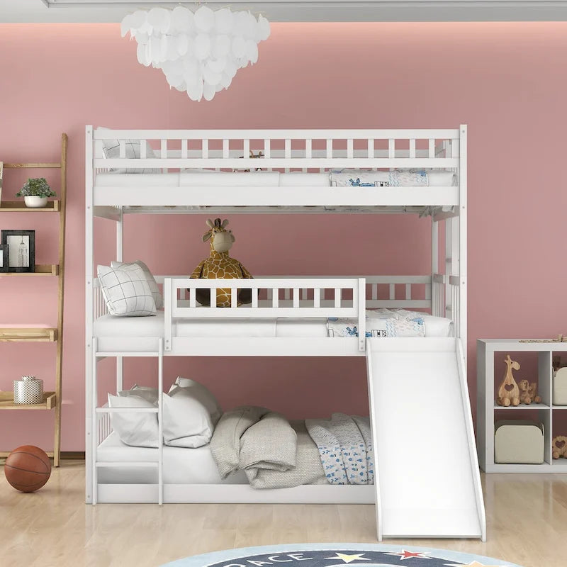 Lit superposé triple blanc avec toboggan, 3 couchages
