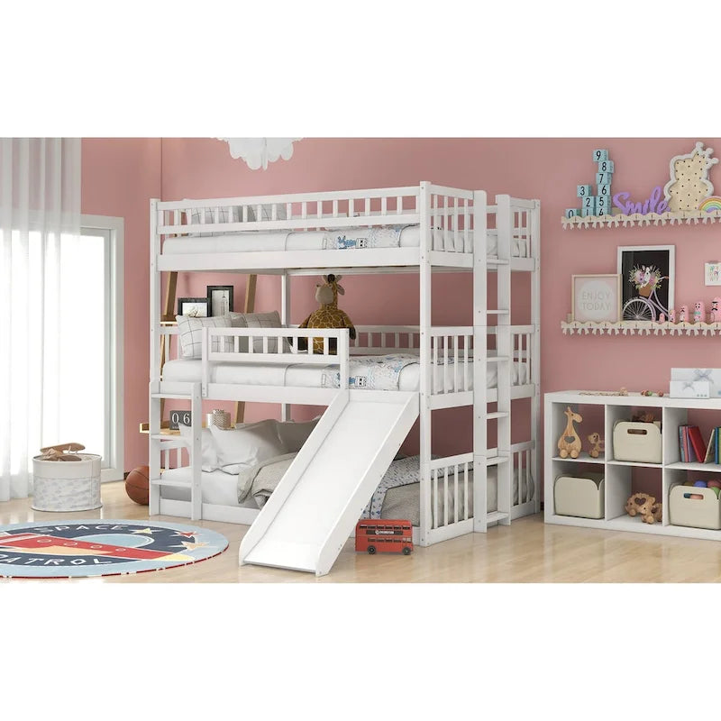 Lit superposé triple blanc avec toboggan, 3 couchages