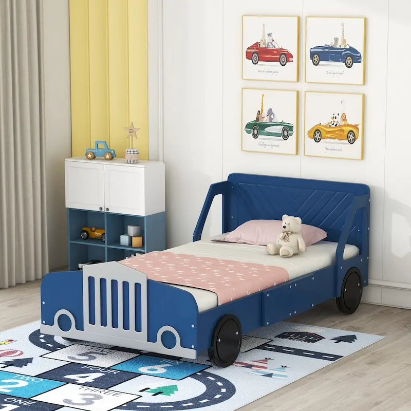 Lit plateforme double en forme de voiture, blanc/gris/bleu, assemblage par 2 personnes