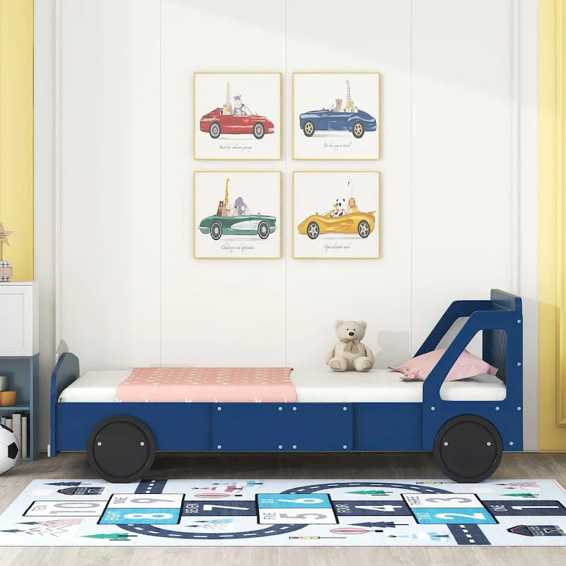Lit plateforme double en forme de voiture, blanc/gris/bleu, assemblage par 2 personnes