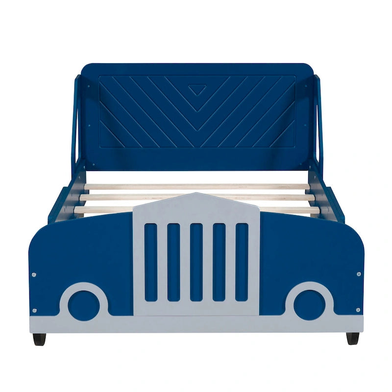 Lit plateforme double en forme de voiture, blanc/gris/bleu, assemblage par 2 personnes