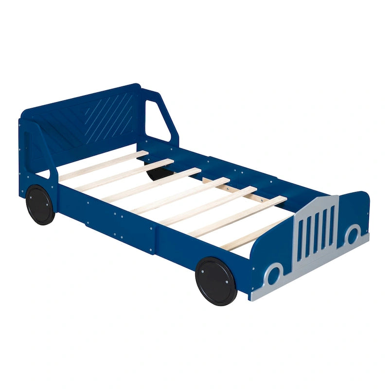 Lit plateforme double en forme de voiture, blanc/gris/bleu, assemblage par 2 personnes
