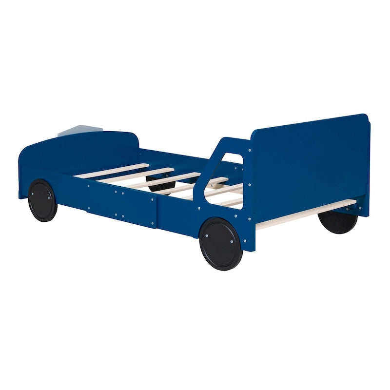 Lit plateforme double en forme de voiture, blanc/gris/bleu, assemblage par 2 personnes