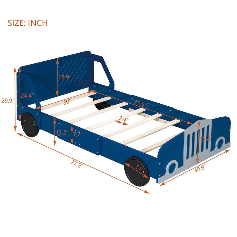 Lit plateforme double en forme de voiture, blanc/gris/bleu, assemblage par 2 personnes