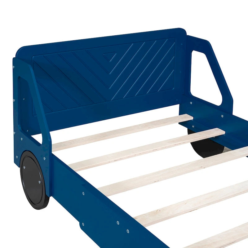 Lit plateforme double en forme de voiture, blanc/gris/bleu, assemblage par 2 personnes