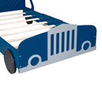 Lit plateforme double en forme de voiture, blanc/gris/bleu, assemblage par 2 personnes