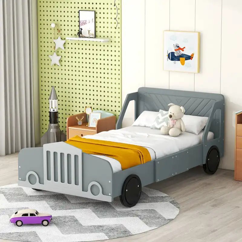 Lit plateforme double en forme de voiture, blanc/gris/bleu, assemblage par 2 personnes