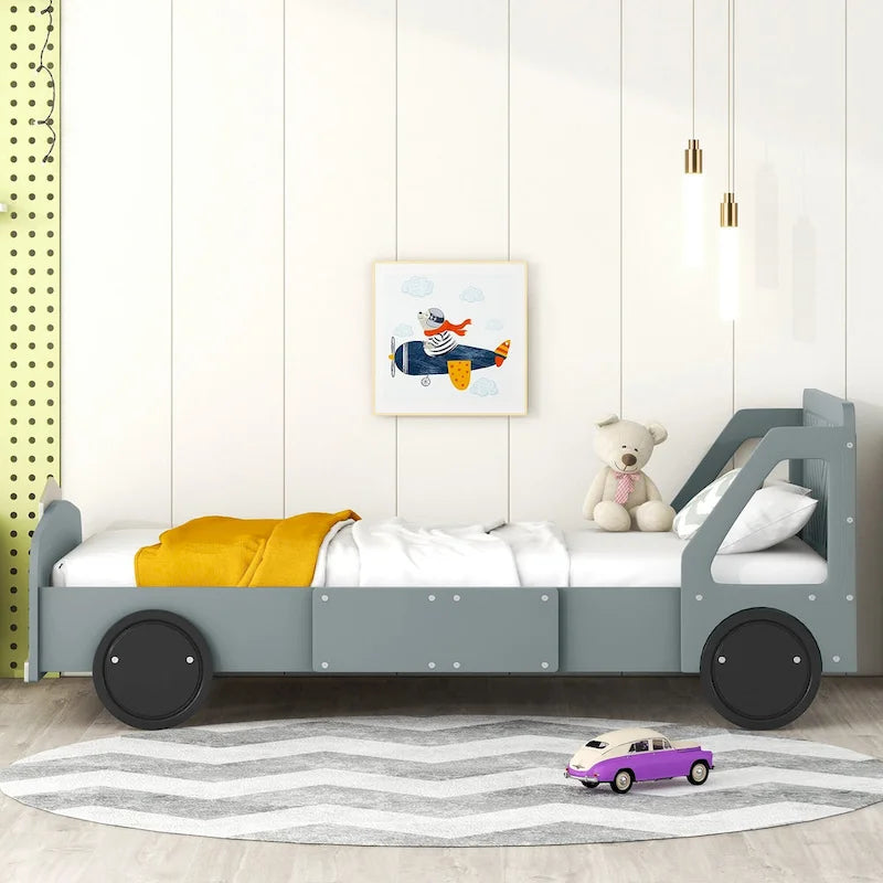 Lit plateforme double en forme de voiture, blanc/gris/bleu, assemblage par 2 personnes