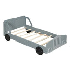 Lit plateforme double en forme de voiture, blanc/gris/bleu, assemblage par 2 personnes