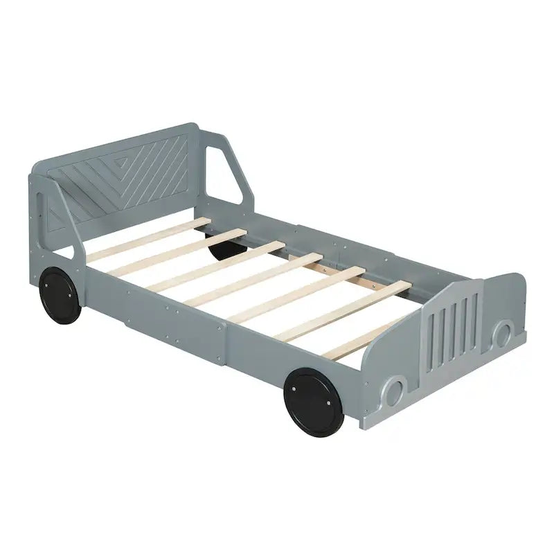 Lit plateforme double en forme de voiture, blanc/gris/bleu, assemblage par 2 personnes