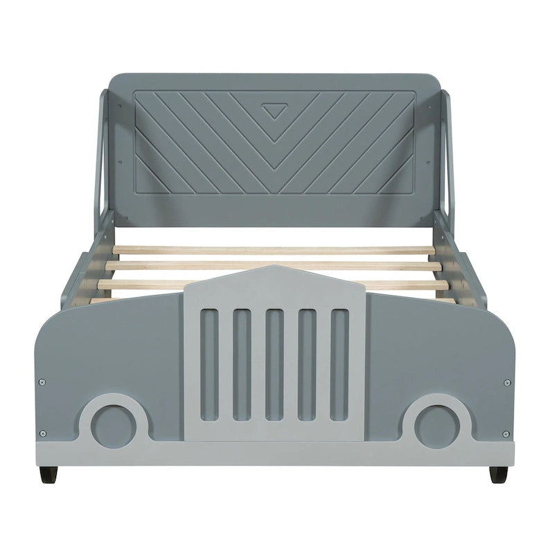 Lit plateforme double en forme de voiture, blanc/gris/bleu, assemblage par 2 personnes
